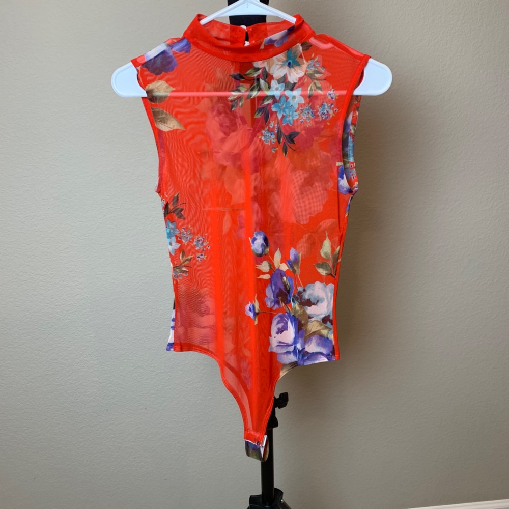 NWOT Sheer orange/floral bodysuit-Medium